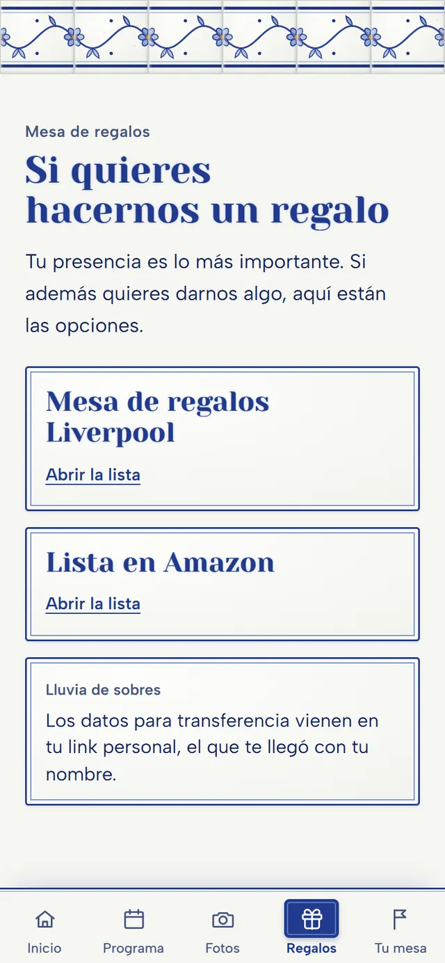 Mesa de regalos con Liverpool, Amazon y lluvia de sobres